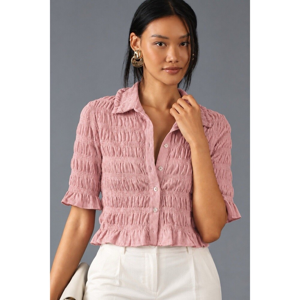Anthropologie Maeve Smocked Button-Front Top Pink Size Large Coquette
